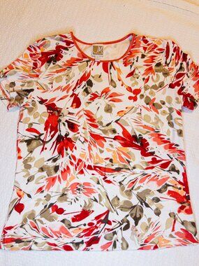 JM Collection Floral Leaf Print Short Sleeve Top - Size S